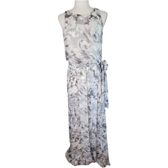 Chaps Maxi Sleeveless Chiffon Gray and White Floral Size 4 - Picture 1 of 9